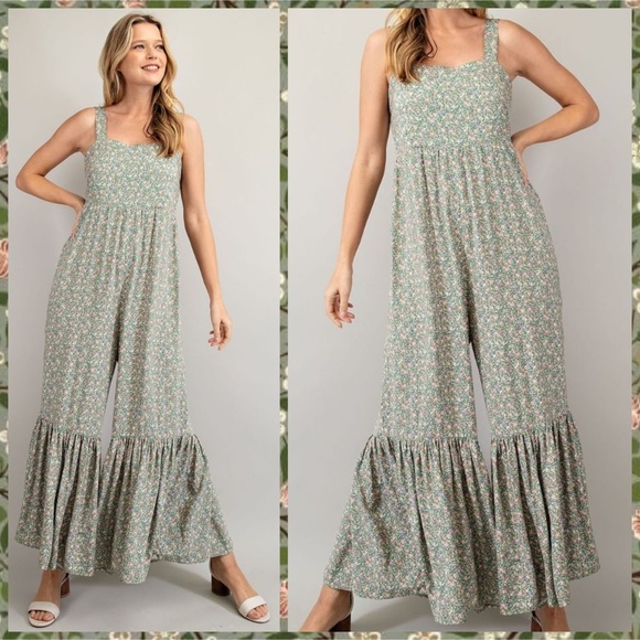 EASEL Smocked Sleeveless Lightweight Ultra Wide Leg Ruffled Hem Jumpsuit Romper - Picture 2 of 14